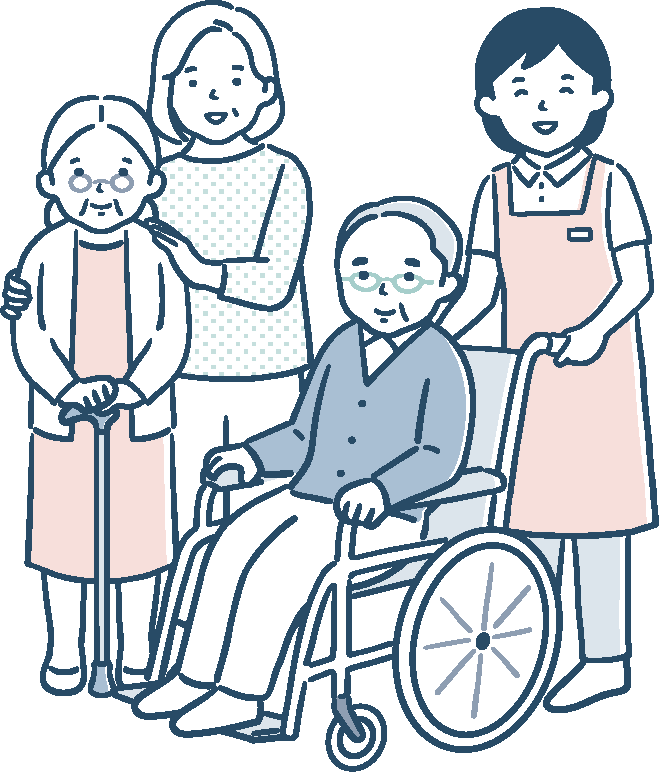 家族と介護スタッフのイラスト